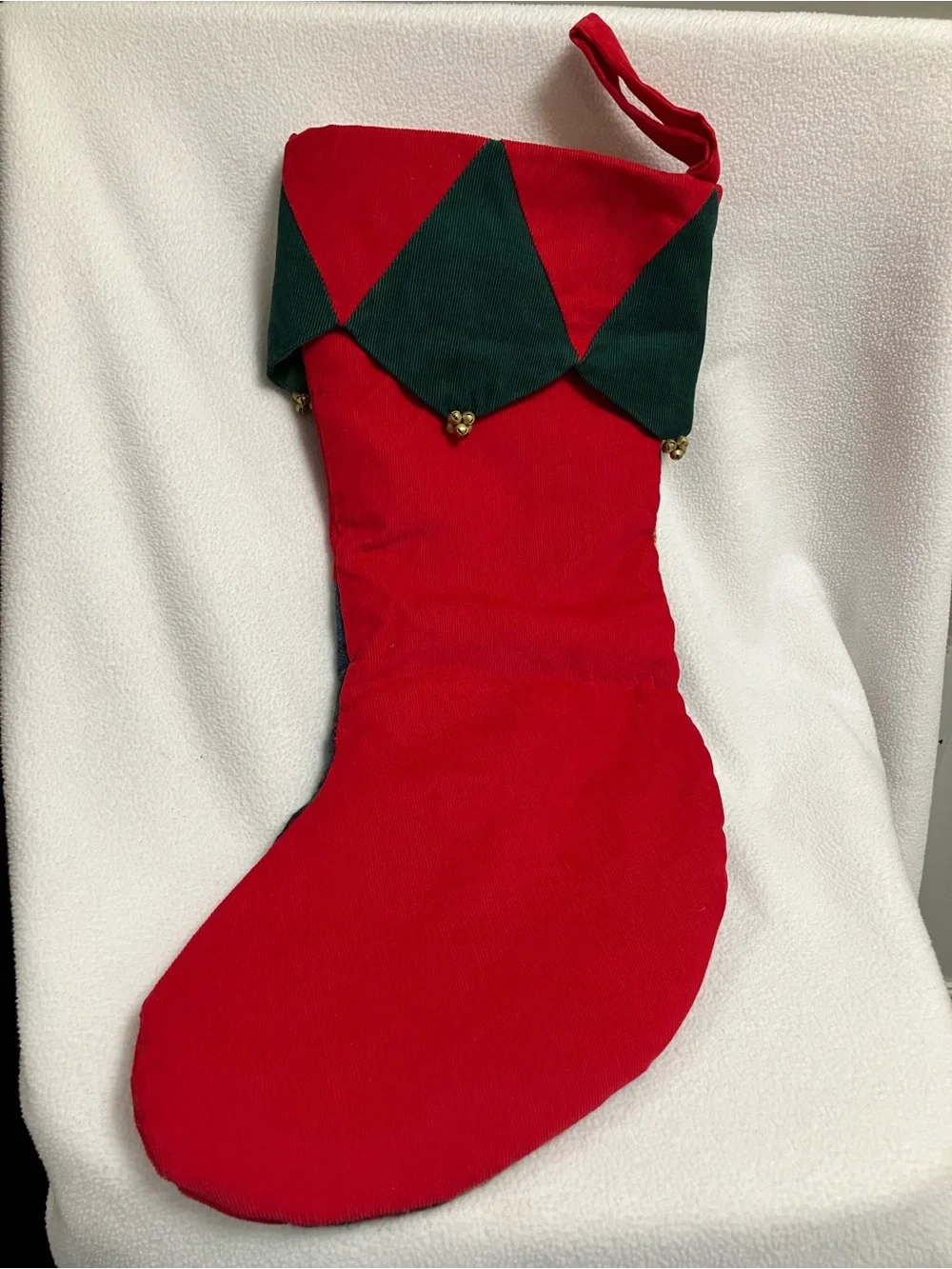 retired Pier 1 Imports patchwork quilt Christmas stocking. Red heart. Tiny bells